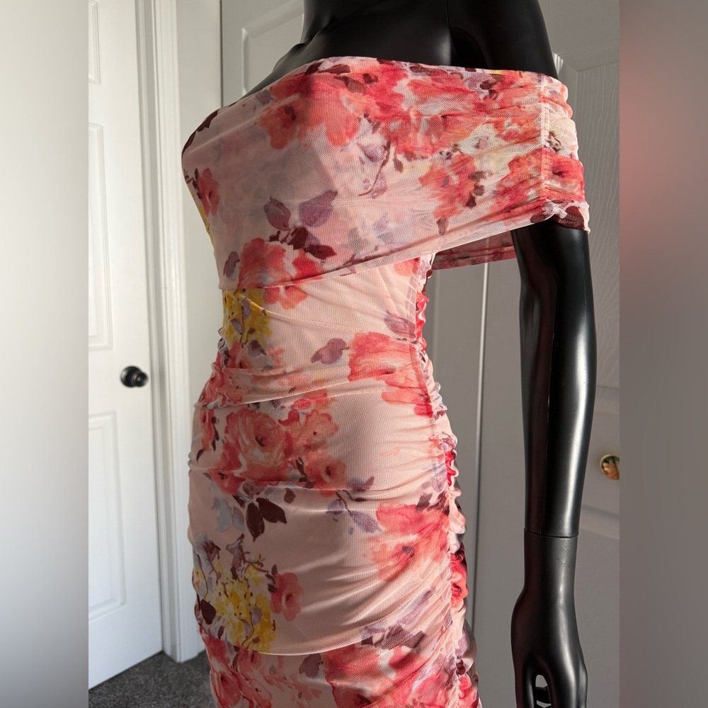 BEBE Pink Yellow and Purple floral strapless dress